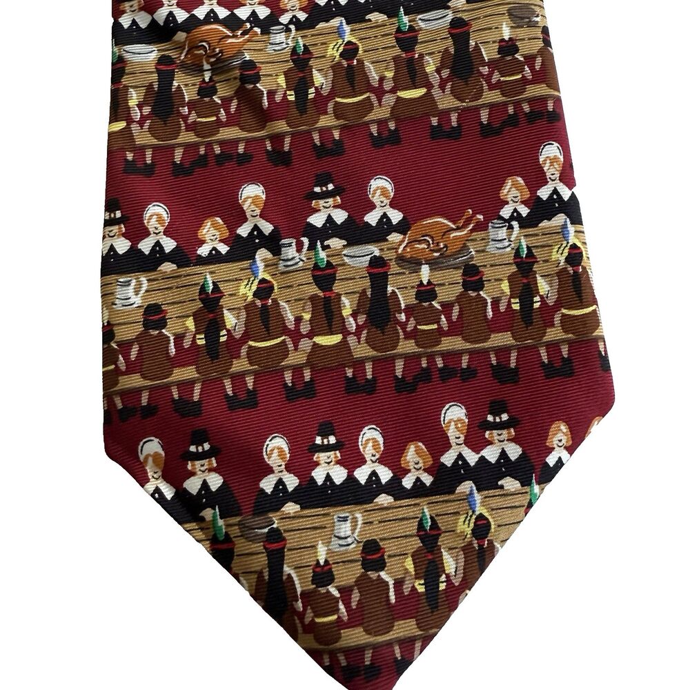 Alynn Neckwear Men's First Thanksgiving Necktie 100% Silk Pilgrims Turkey Dinner